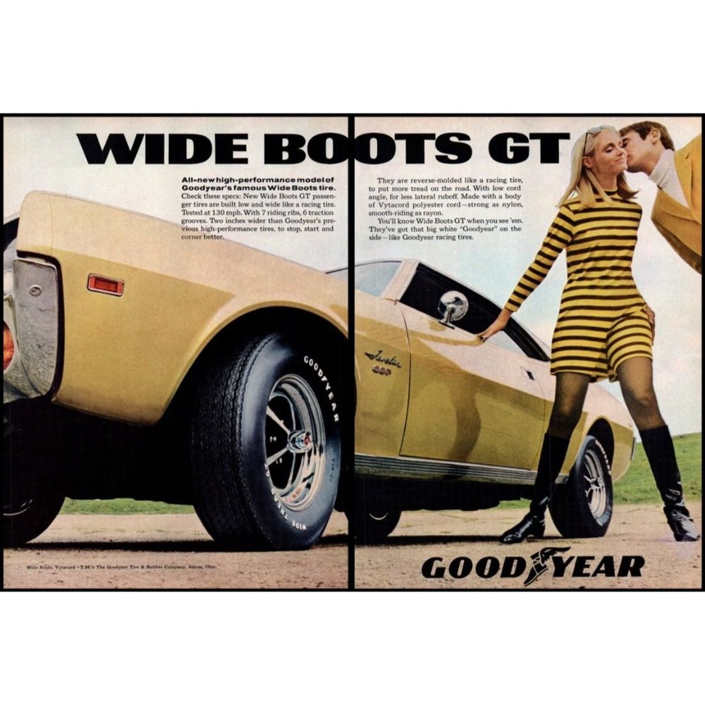 1968 Goodyear Wide Boots GT 2 Page Vintage Print Ad Blonde AMC Javelin Wall Art